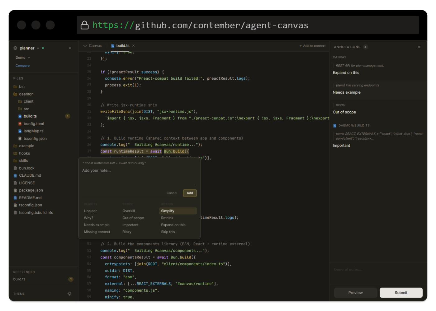 Agent Canvas displaying annotated project UI